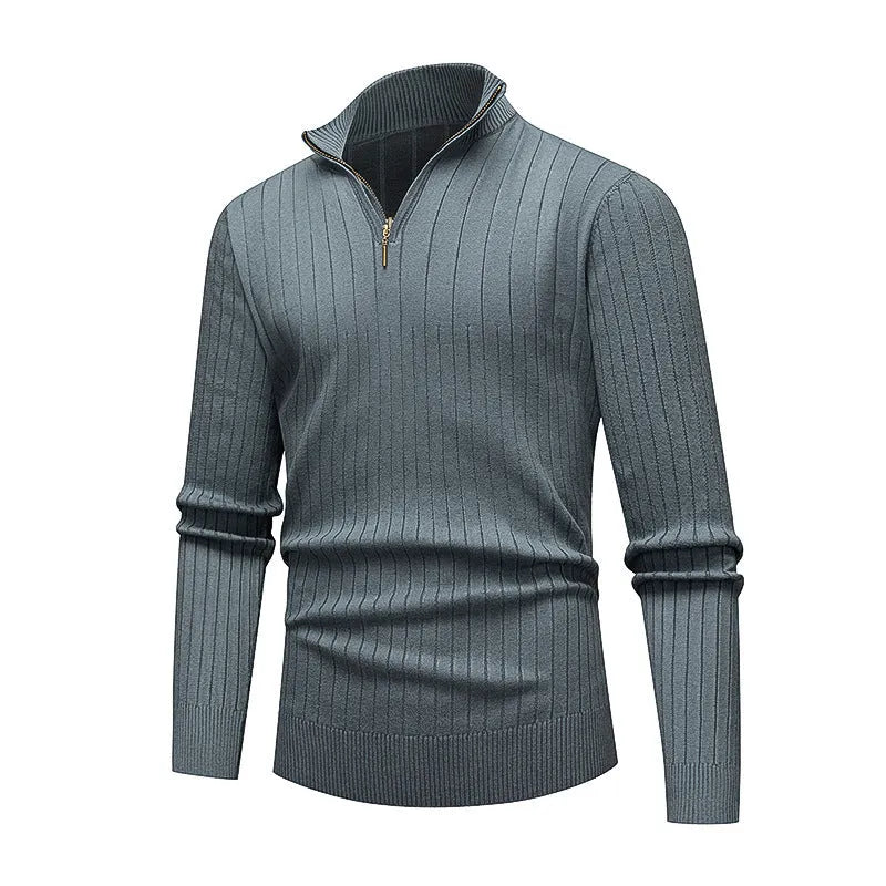 Men's half zip striped knit sweater, loose fit, stand collar, long sleeve, available in five colours M to XXXL