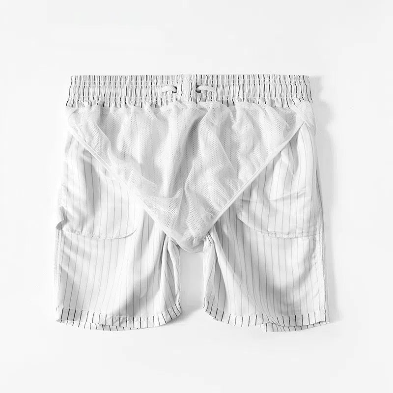 Men's white striped quick-drying beach pants with lining, loose straight leg, sizes M to XXXL