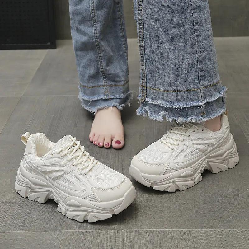 Women's thick bottom breathable tennis shoes with cross shoulder straps in beige and black, sizes 35 to 40