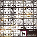 Milky white PET film spray painting stencil templates showing hollow cut-out designs including animals, letters, and floral patterns.