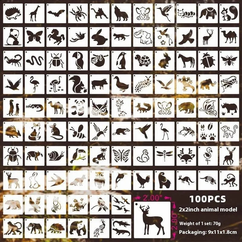 Milky white PET film spray painting stencil templates showing hollow cut-out designs including animals, letters, and floral patterns.