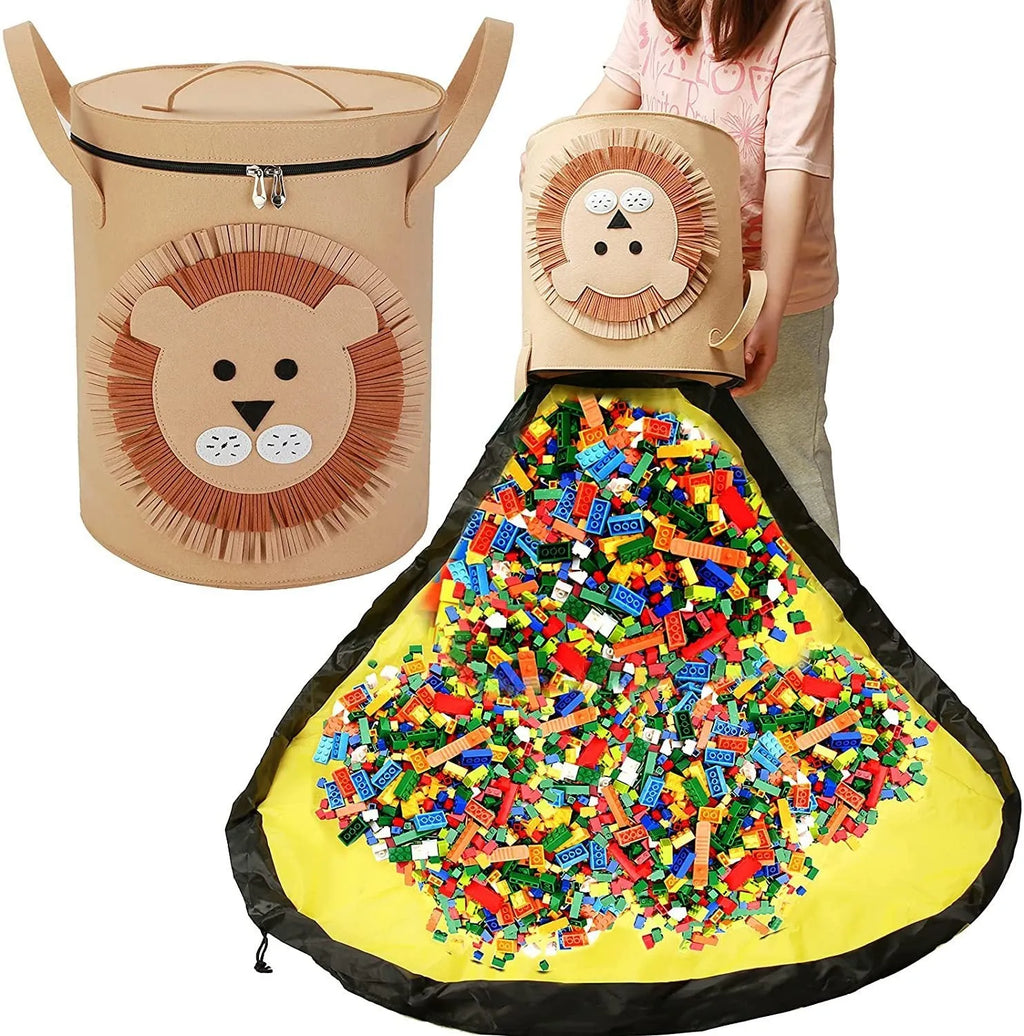 Green felt storage cube with pull rope converts to flat play mat for toy organisation