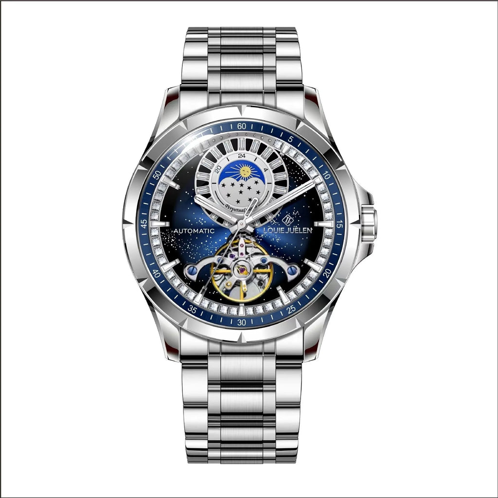 Silver case waterproof automatic mechanical watch with blue dial and stainless steel strap