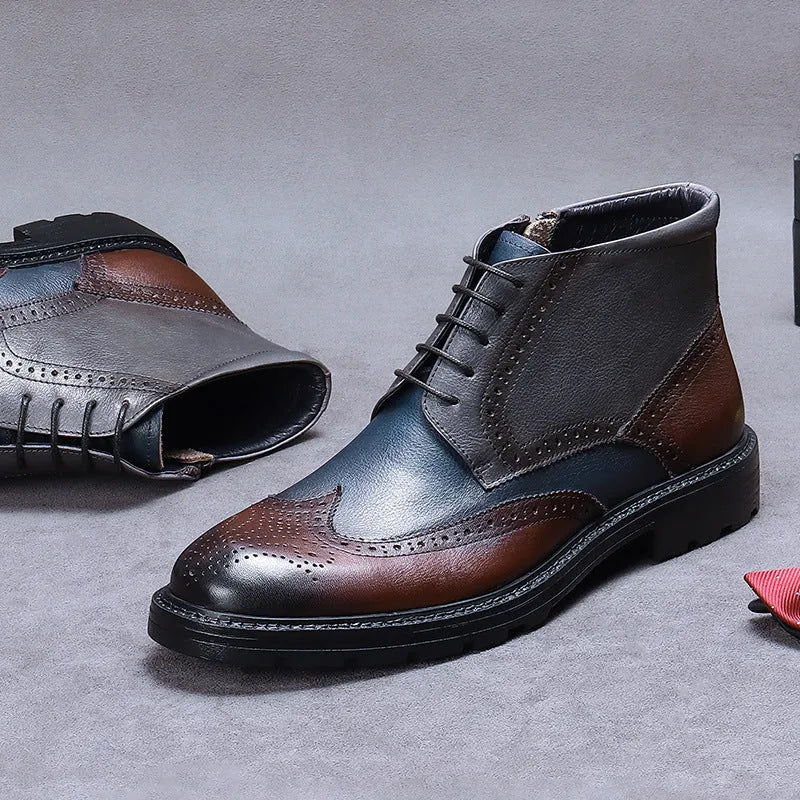 Men's Coffee Blue vintage brogue boots made from cowhide leather with a round toe and low square heel.