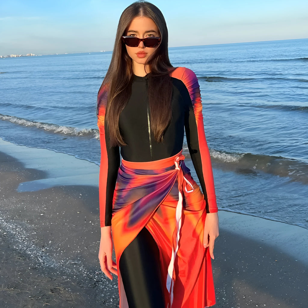 Sun Protection Beach Swimsuit Three-piece Set for Women in Conservative Style Polyester Colour 427