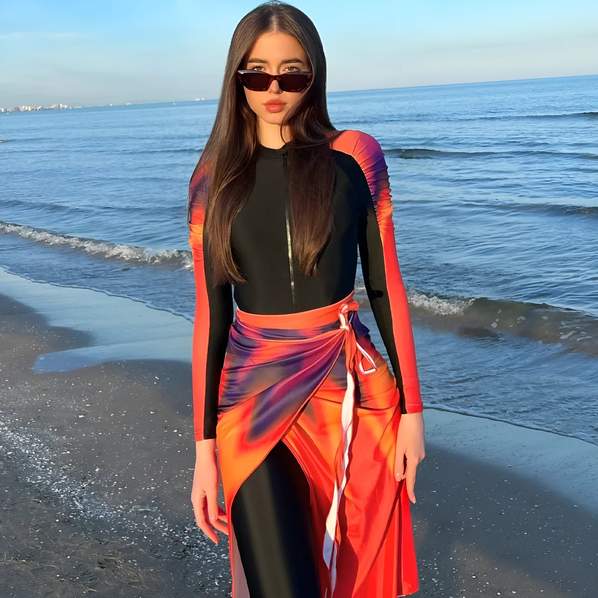 Sun Protection Beach Swimsuit Three-piece Set for Women in Conservative Style Polyester Colour 427