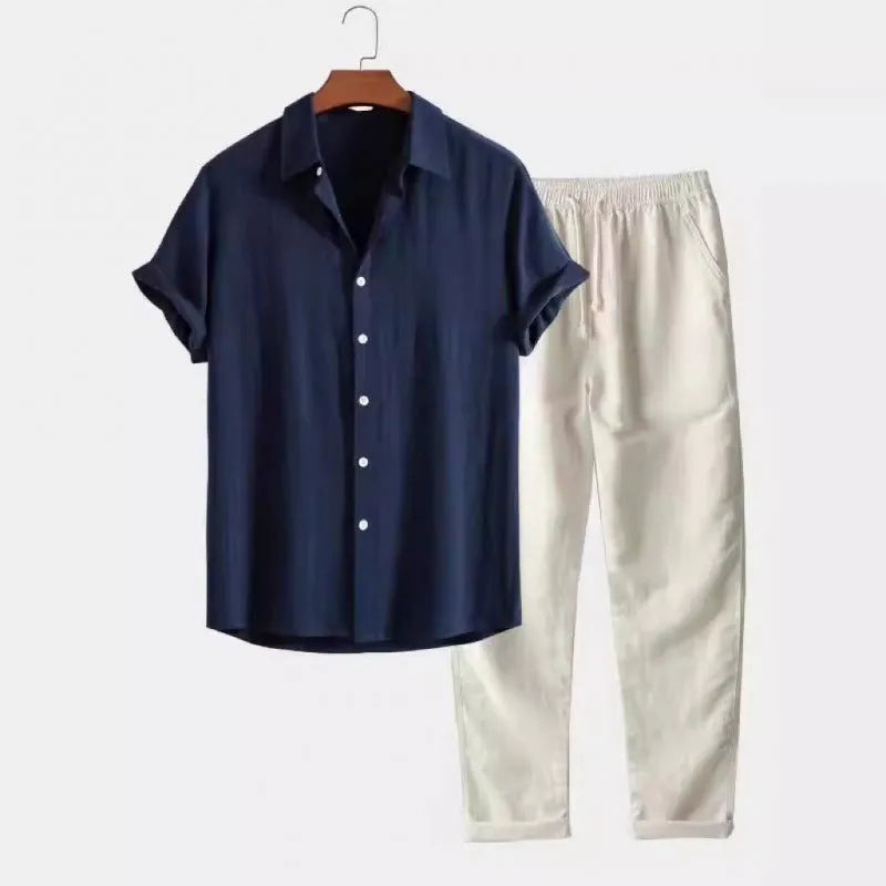 Men's casual loose-fit short sleeve shirt and trousers suit set in a linen-look fabric