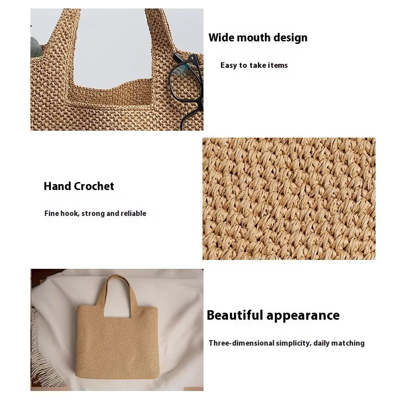 Khaki woven straw bucket tote bag with double straps, open pocket, and horizontal square shape