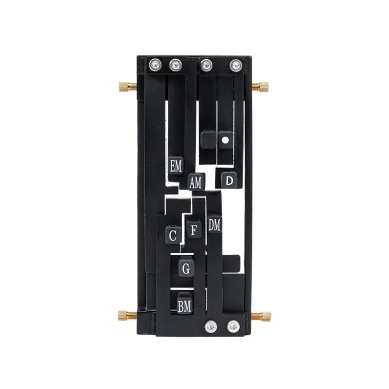 Black automatic guitar chord changing device for folk music beginners on a guitar neck.