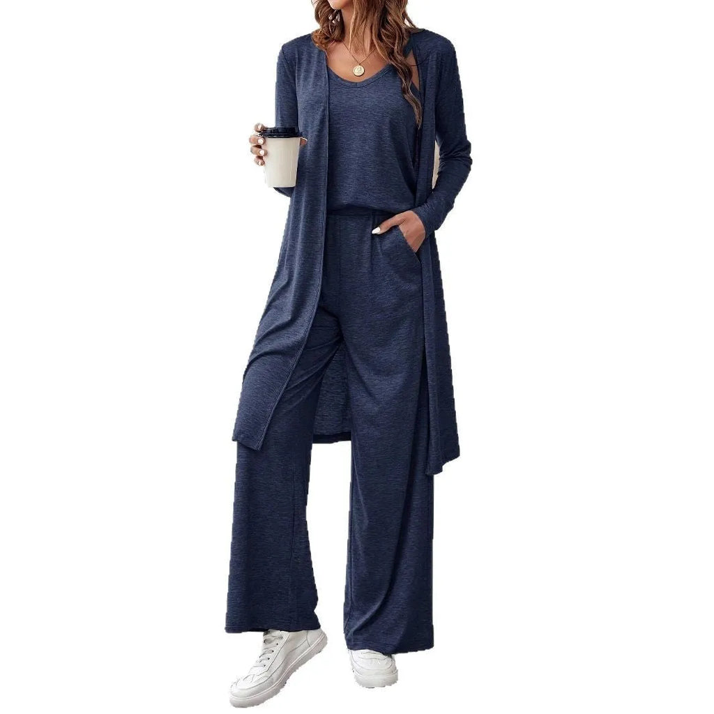 Women's blue polyester casual suit set with trousers and matching long sleeve top