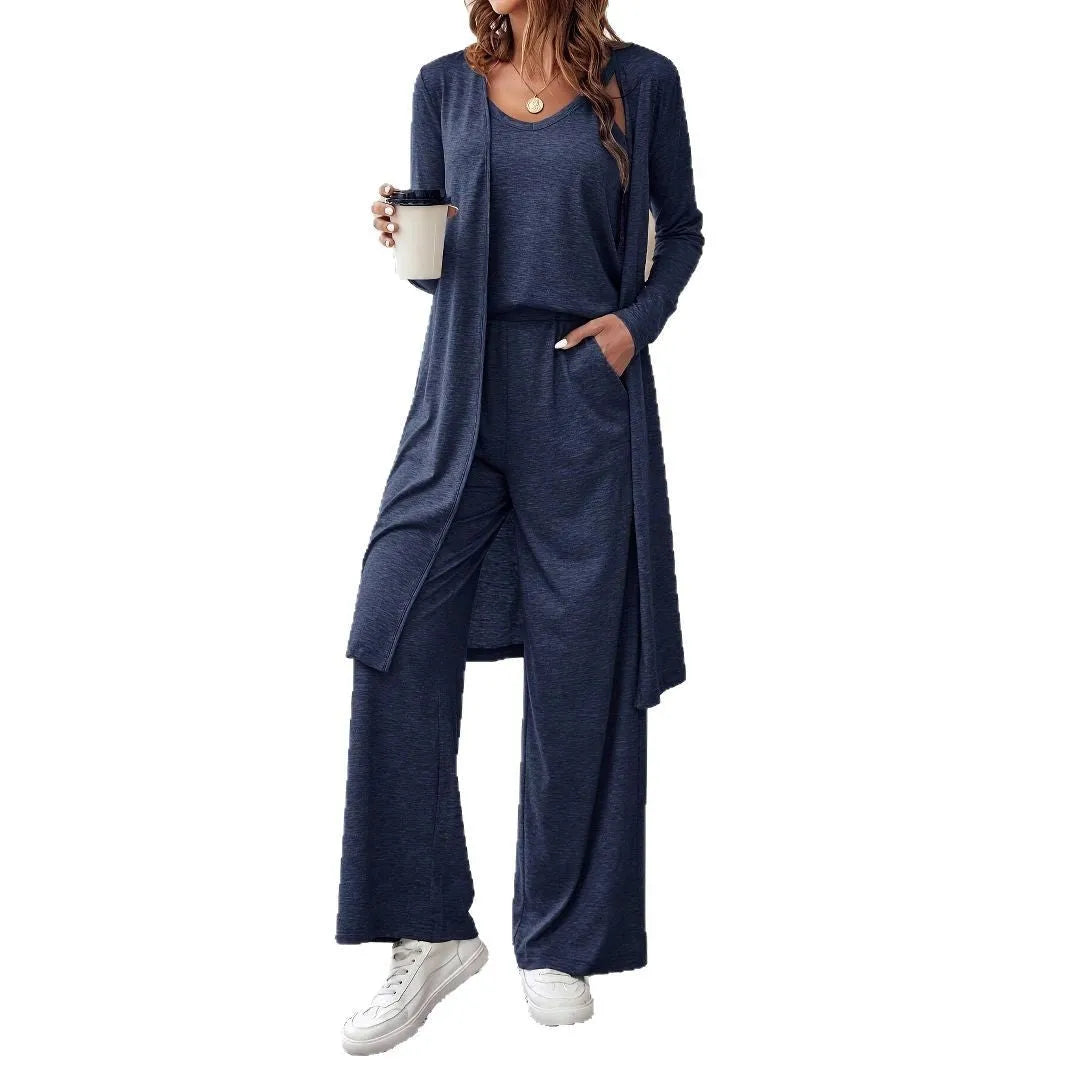 Women's blue polyester casual suit set with trousers and matching long sleeve top