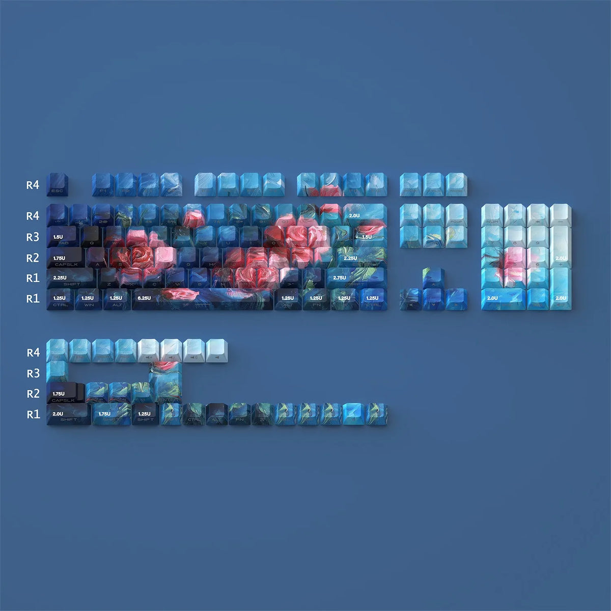 Roses coloured oil painting style side carved transparent PBT keycap set with 130 pieces for mechanical keyboards