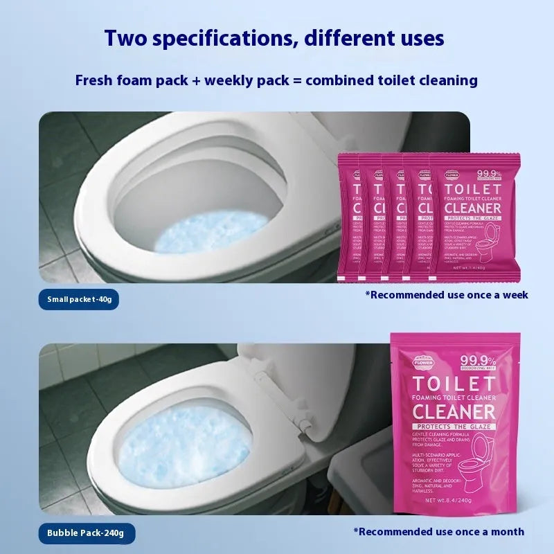 Toilet bubble powder descaler in blue ocean or pink floral fragrance, in 240g bag or 5x40g box.