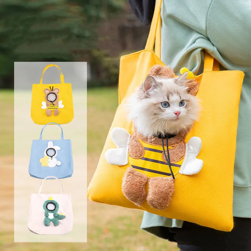 Canvas pet shoulder bag with cartoon bee design, medium soft, large 38x38cm for small dogs and cats