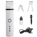 White pet shaving device for dogs with stainless steel blade, USB cable, three cutter heads, cleaning brush and oil