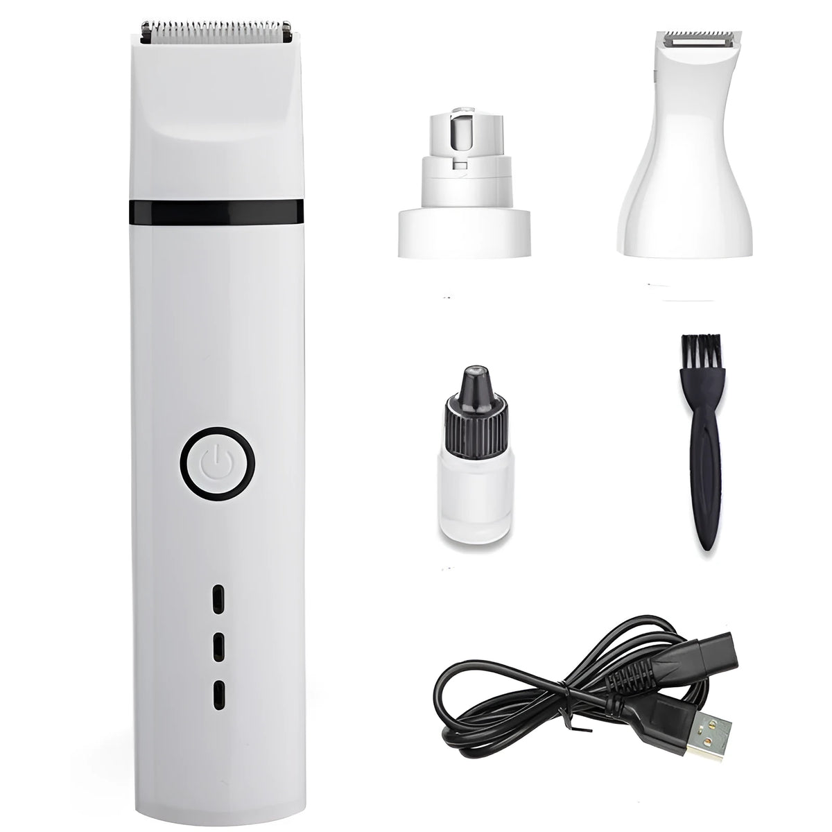 White pet shaving device for dogs with stainless steel blade, USB cable, three cutter heads, cleaning brush and oil