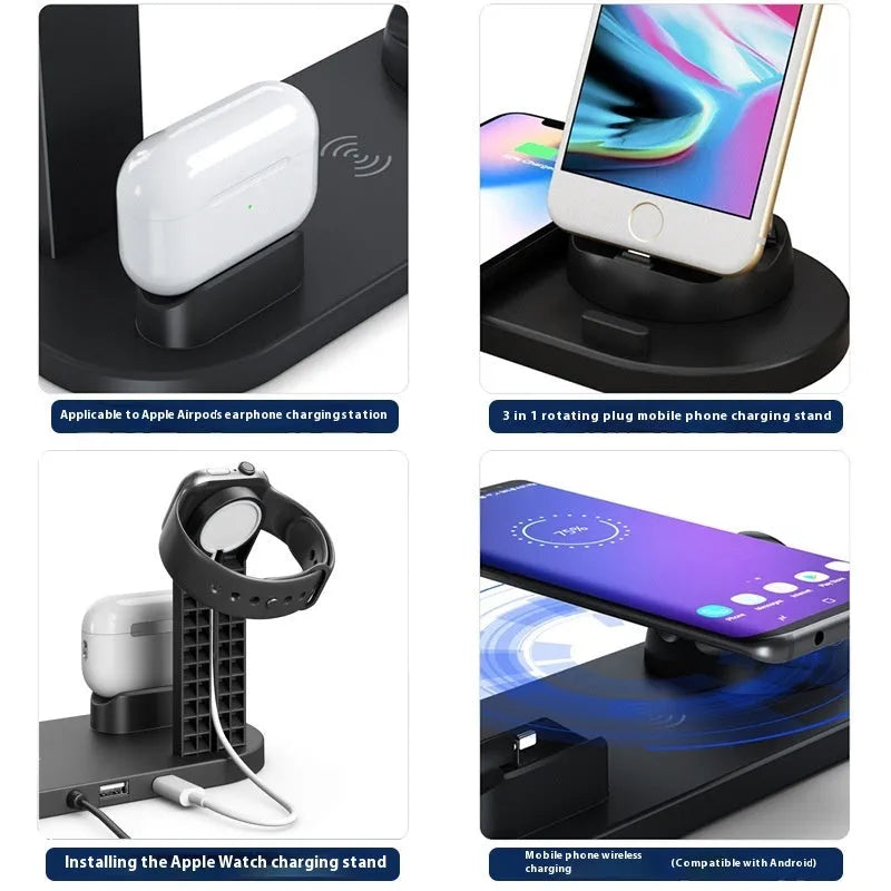 Black dual charging stand with wireless phone charger and wired base for headphones.
