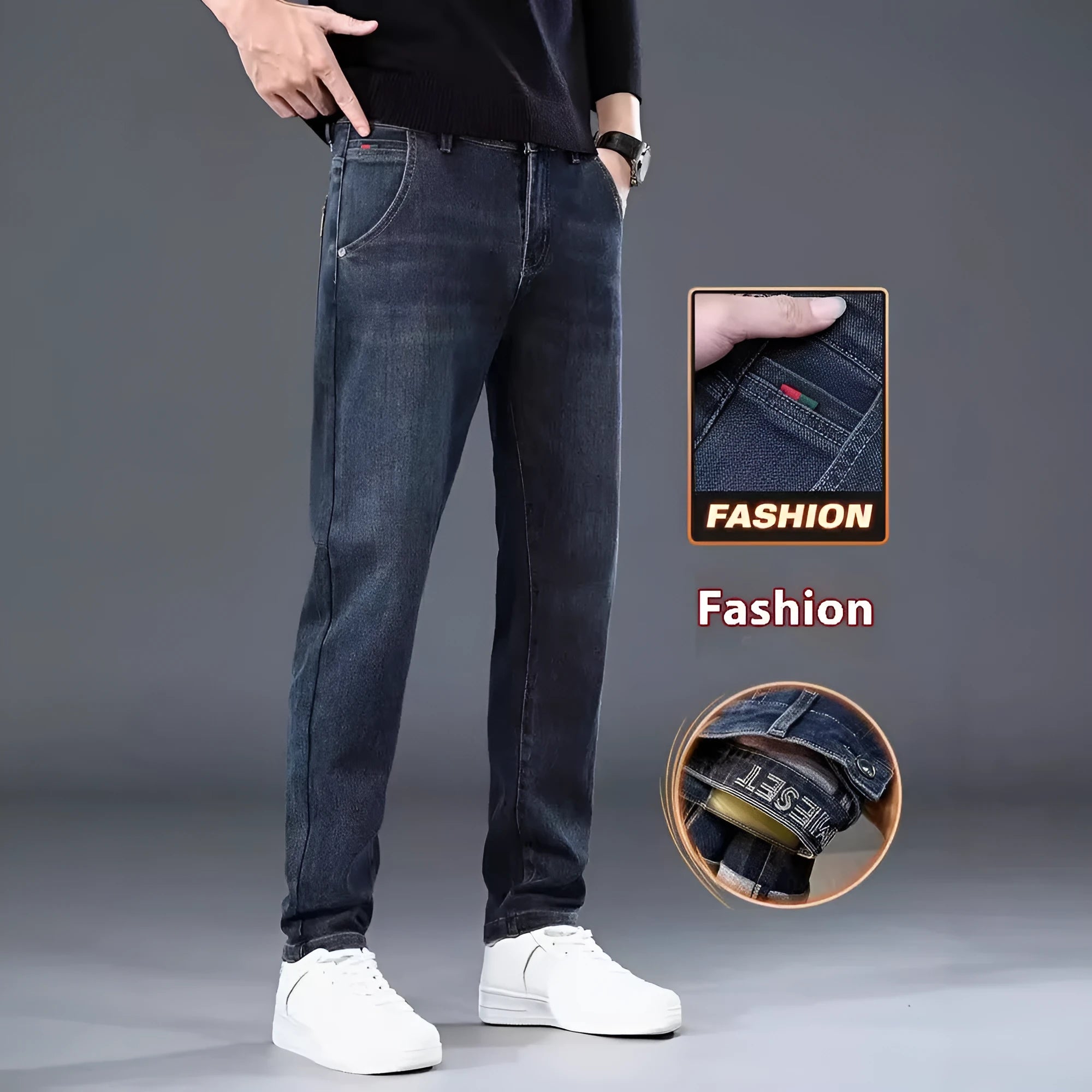 Men's slim straight casual trousers in thin polyester fabric available in black and blue grey colours