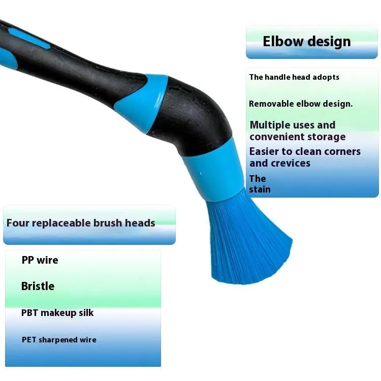 Blue detachable car wash brush set with four brush heads, two handles, and two elbows for hub gap cleaning