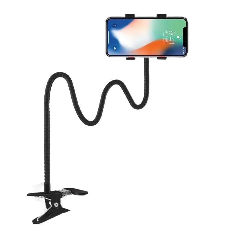Black metal lazy stand gadget with rotary clip holding mobile phone on bedside table
