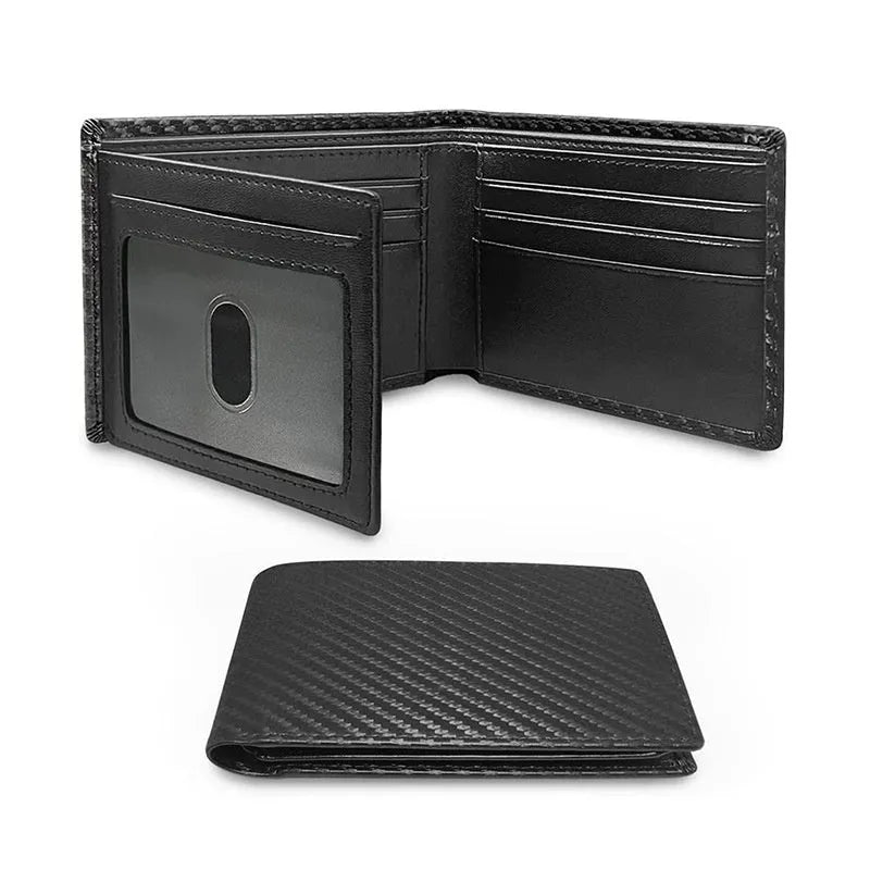 Black men's anti-magnetic wallet with PU leather outer, microfiber lining, and sewing line detail