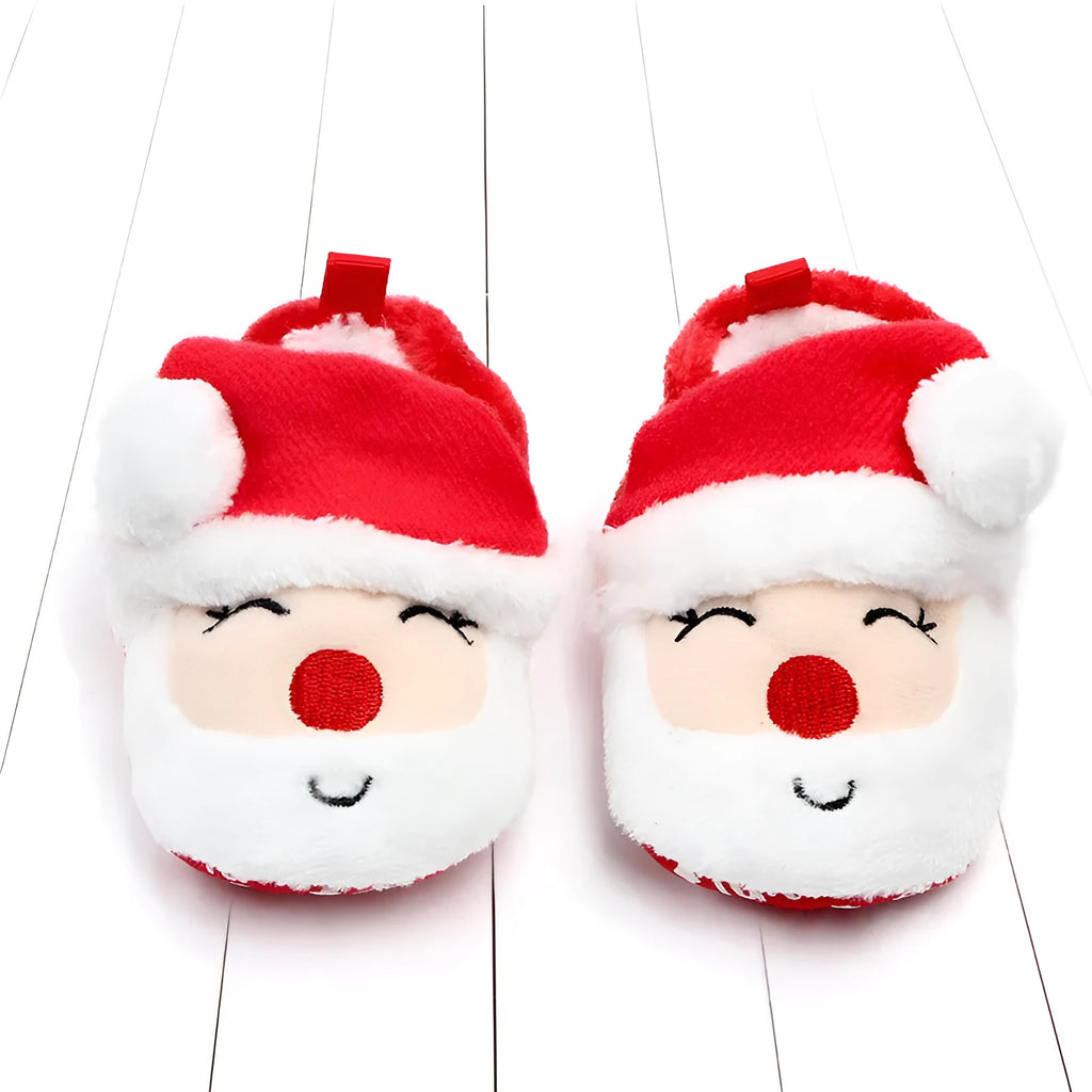 Toddler coral fleece shoes with non-slip sole in Christmas penguin design, low tube sleeve style