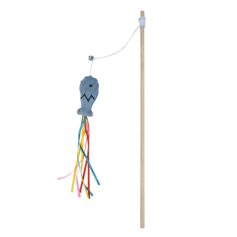 Cat wand toy with wooden handle, colourful ribbons, catnip fish, and bell for interactive play