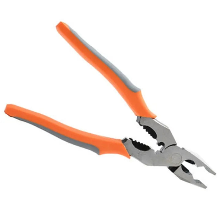 Orange multi-function wire cutter pliers with alloy steel head and textured PVC handles.