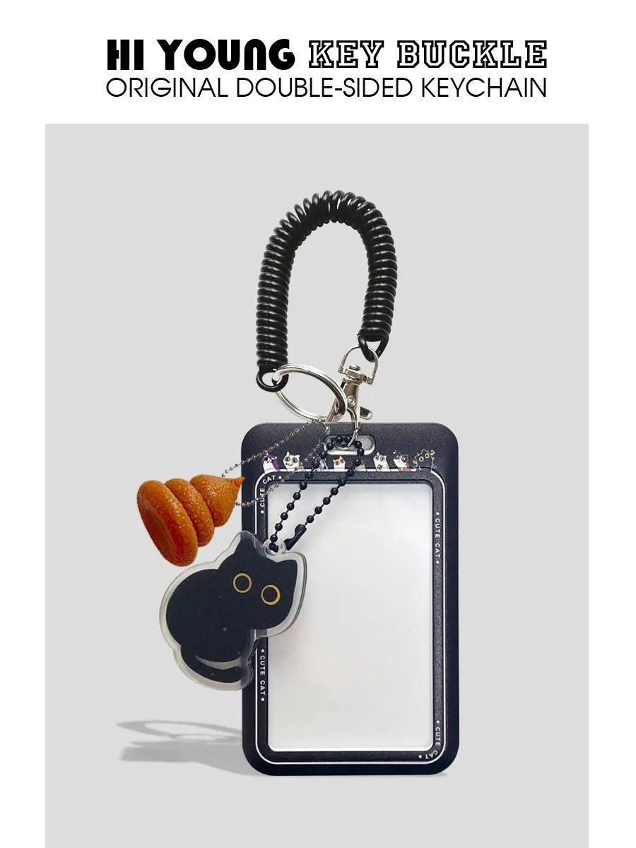Cute little black cat cartoon design on a portable plastic card holder with ferrule pendant.