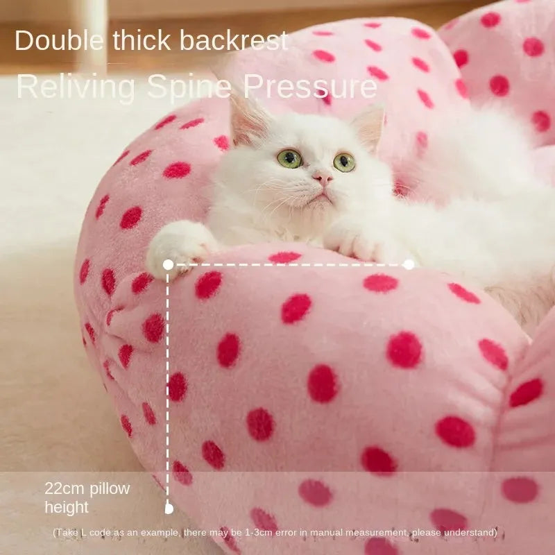 Pink dotted fabric cat bed shown in two circular sizes: 45cm and 65cm diameter.