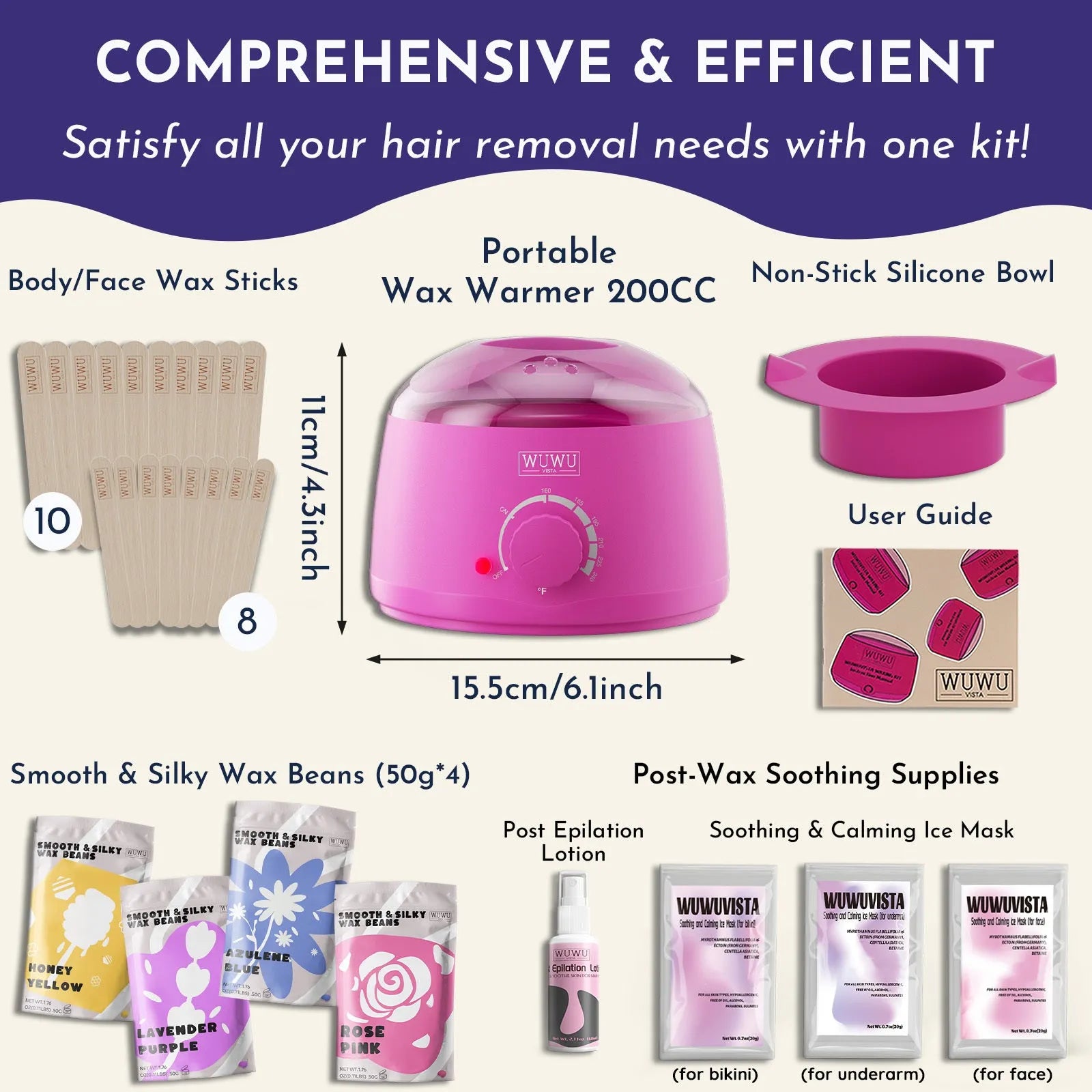 WUWUVISTA 29-piece hard wax kit with compact warmer, wax beans, aftercare lotion, ice masks, and wax sticks