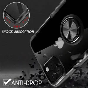 Black PU leather back cover case fitted on an iPhone 11 Pro Max showing full access to camera and ports.