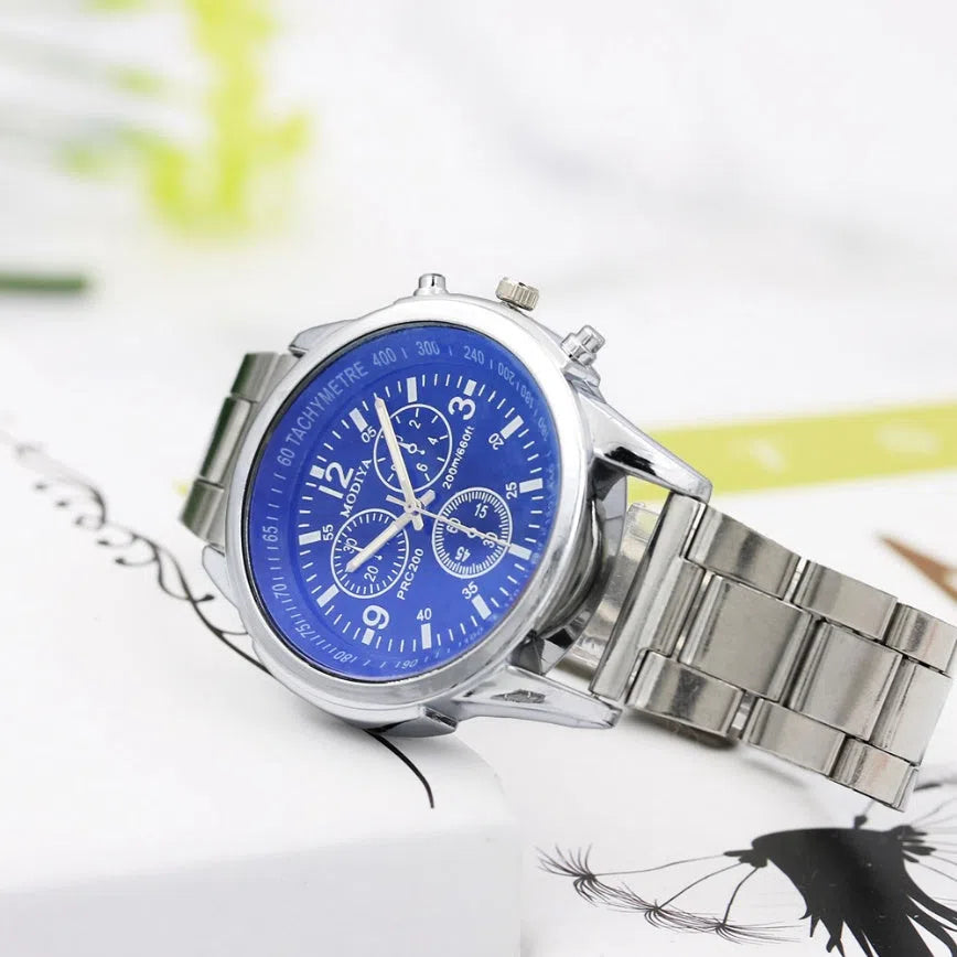 Blu-ray Gift Steel Band Watch with black dial, alloy strap, and folding buckle on a white background