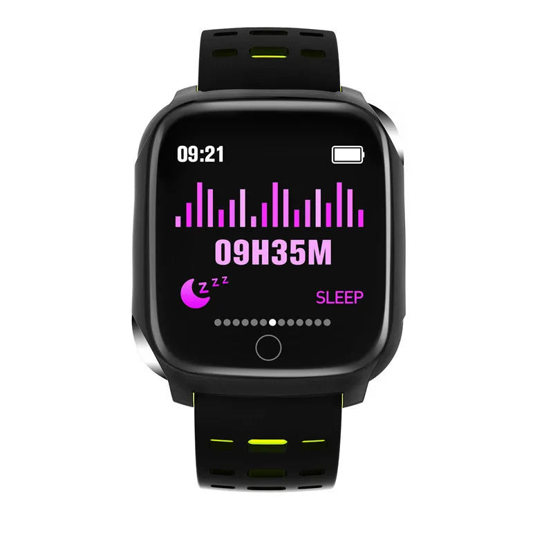F16 smart watch with ECG monitor on a silicone strap, showing the 43mm IPS display in a black and grey colour option.