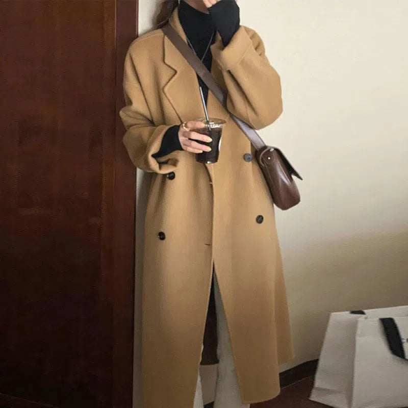 Retro patchwork women's wool coat in oatmeal colour, knee-length, loose fit, long sleeves