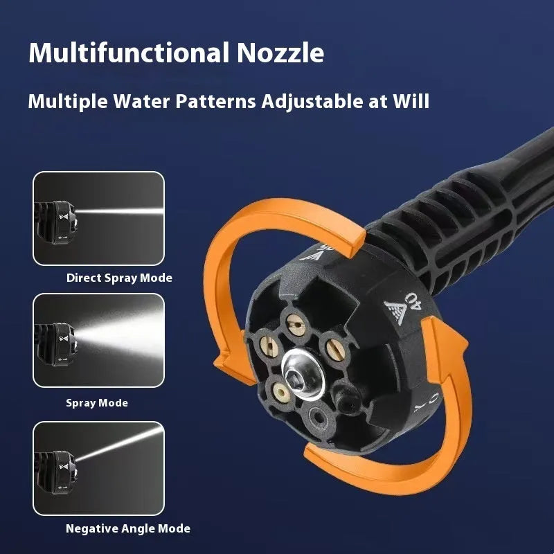 Green wireless high-pressure water gun with metal nozzle and multiple attachments on a table