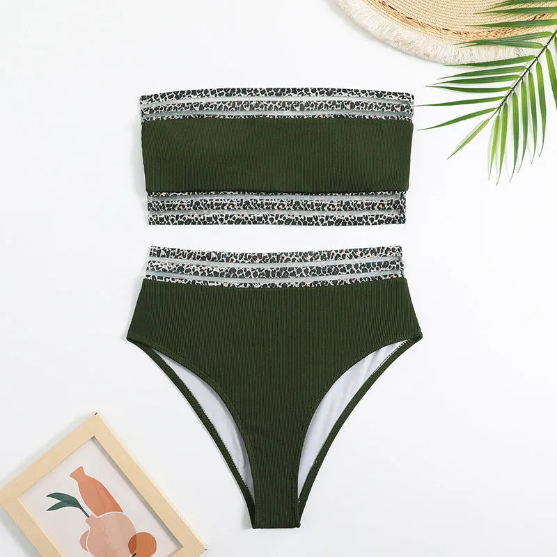 Black strapless swimsuit with leopard print splicing design and matching briefs