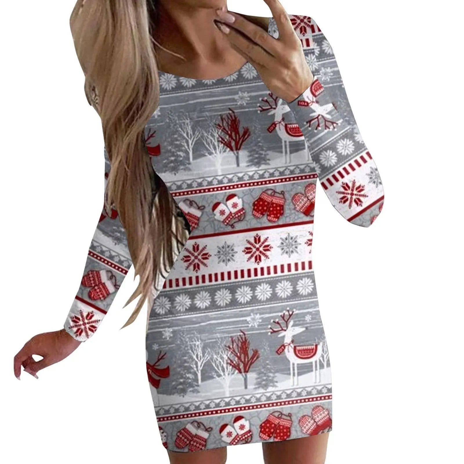 Christmas printed dress with animal pattern design showing narrow fit and hip skirt styling