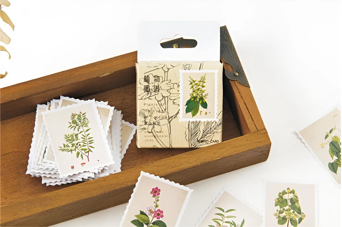 45 piece vintage plant sticker set on coated paper with botanical illustrations