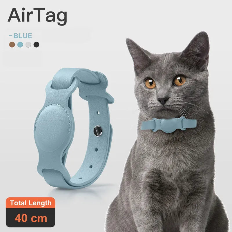 Leather pet collar case for AirTag, adjustable 40-77cm, fog blue colour, on a light background