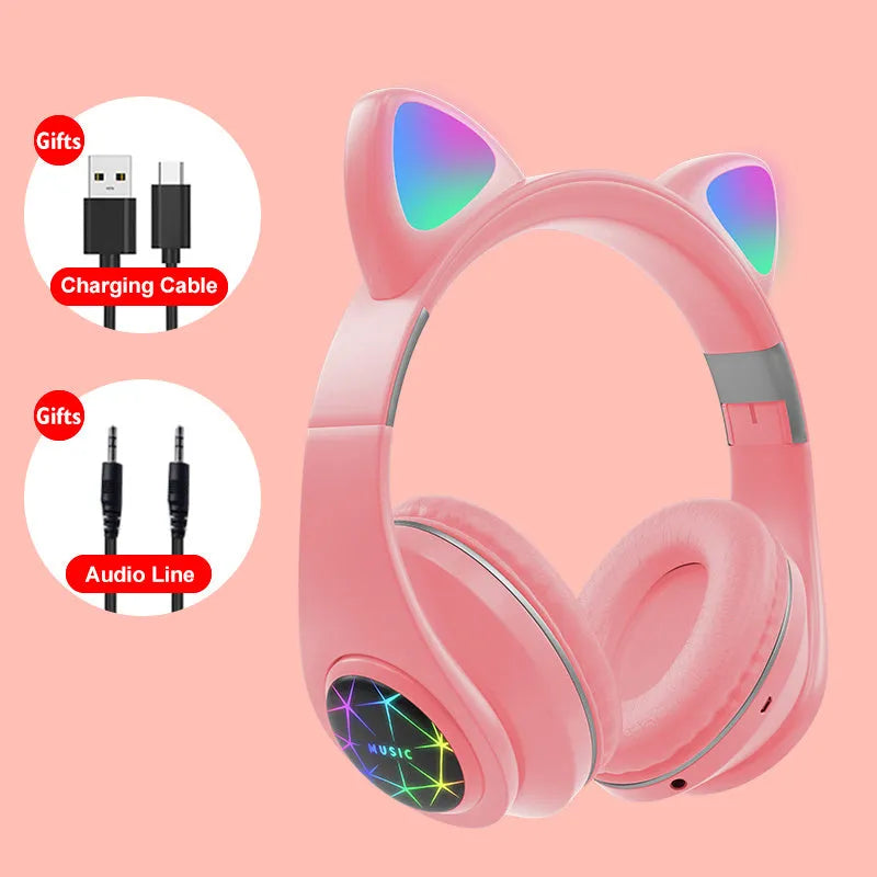 Cat ear style wireless Bluetooth sports headset shown in multiple colour options including pink, blue, and black.