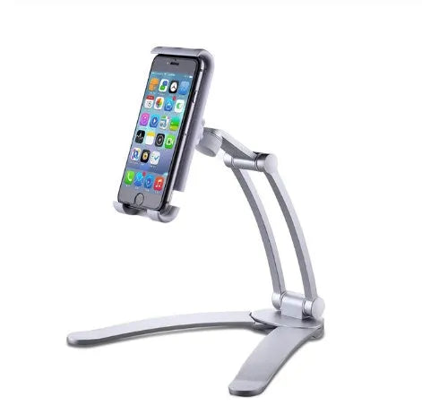 Silver aluminum alloy desktop tablet stand with white mount holding a tablet at an angle