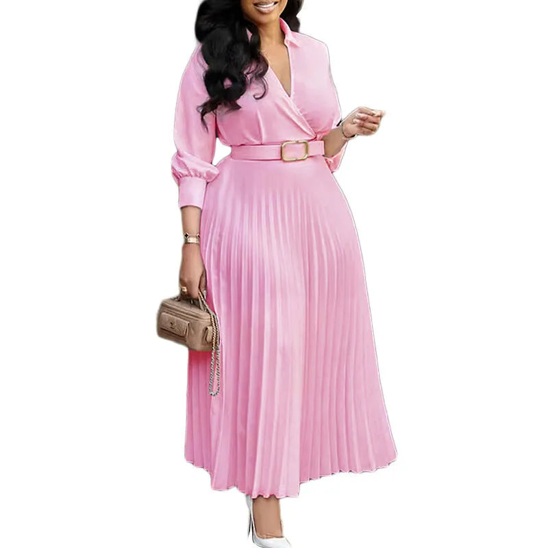 Women's high waist pleated swing dress with three-quarter sleeves in solid colour for office wear