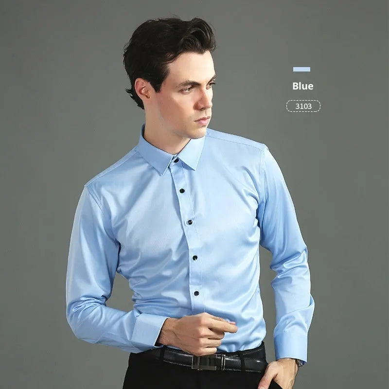 Casual four-way stretch long sleeve shirt in solid colour, slim fit cardigan style with 60 count synthetic fibre fabric