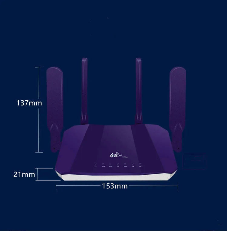 Blue 4G dual-mode wireless router with four extended antennas showing front panel with indicator lights