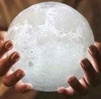 3D printed moon lamp showing detailed craters, with a touch metal ring at base for colour changing and dimming control.