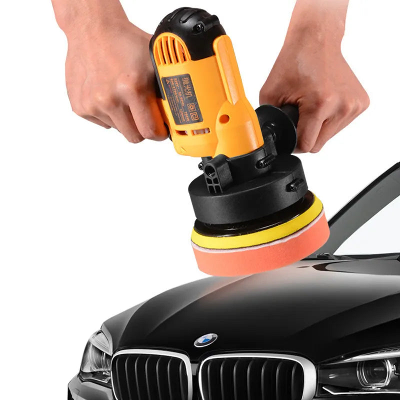 Yellow automotive polishing machine with 125mm disc for metal wood tile leather surfaces