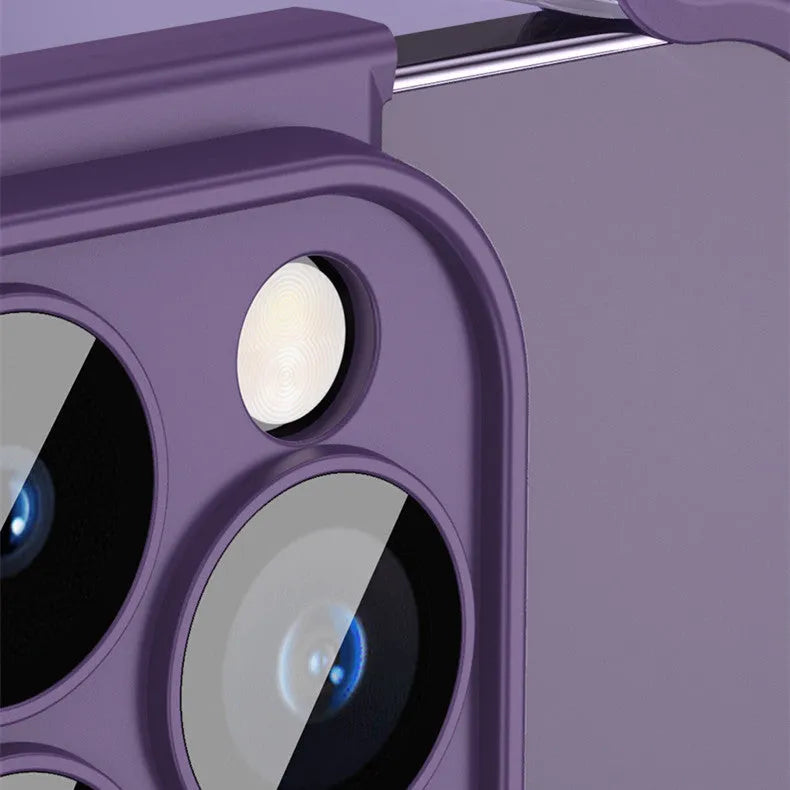 Slim dark purple frameless TPU case for iPhone showing corner padding and integrated glass lens film.