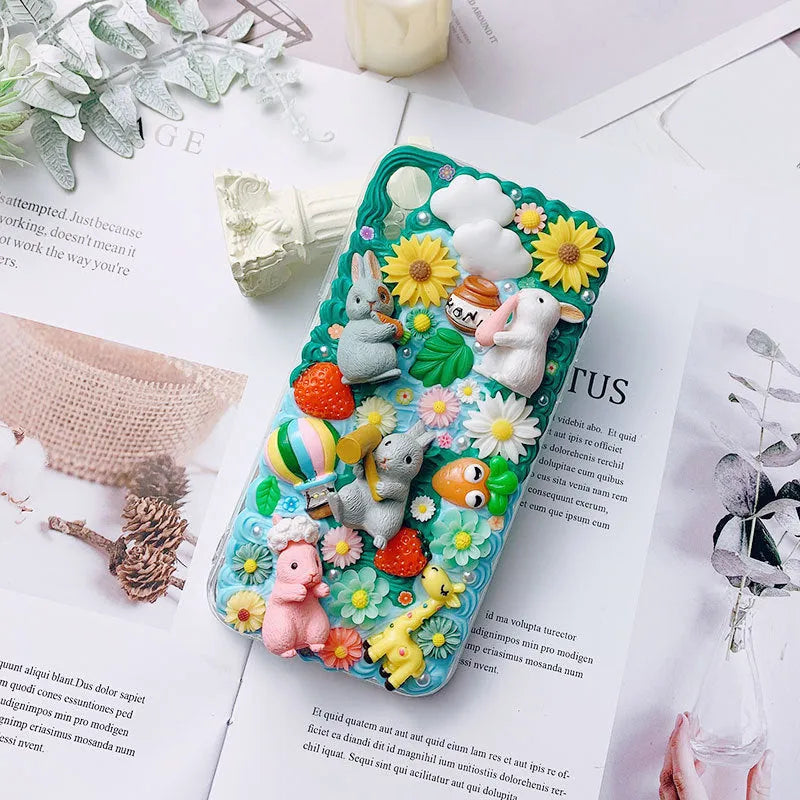 Pink and green cartoon rabbit design silicone iPhone case showing 3D texture