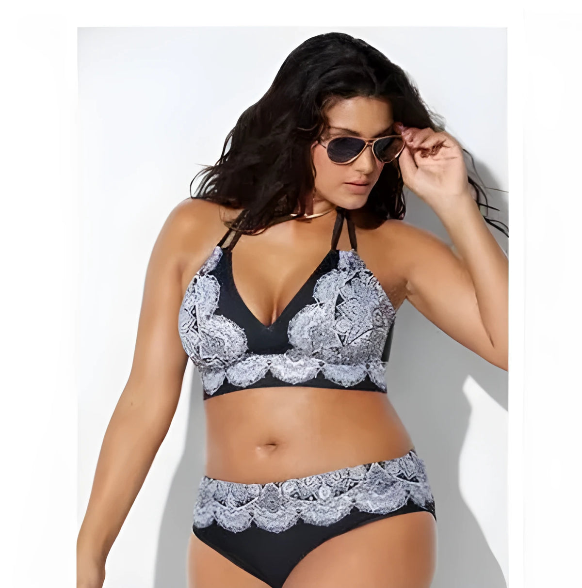 Black printed split bikini two-piece swimsuit with chest pad, nylon, sizes XL to 5XL